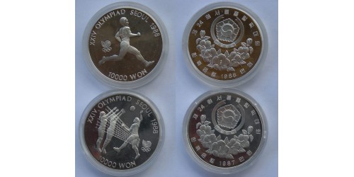 Корея Южная. Подборка из двух монет 10000 вон 1987 года. Proof. Олимпиада 1988 года. "Волейбол" и "Бегун".