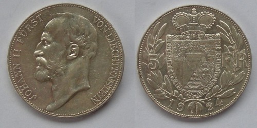Лихтенштейн. Иоганн II. 5 франков 1924 года. Вес 25,00 грамма. Типажная. Тираж 3740 шт. Яркий штемпельный блеск.