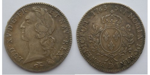 Франция. Король Людовик XV. 1 экю 1763 года. Серебро. 29,0 грамм. Монетный двор Лиона.