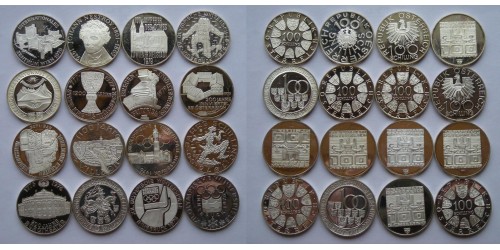 Австрия. Серебро. Подборка из 16 монет по 100 шиллингов. Proof. Все монеты разные.