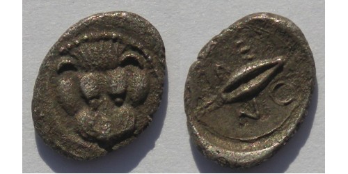 Сицилия, Леонтины, 500-466 гг. до  Р. Х., AR литра. Вес 0,67 грамма. Диаметр 10х6 мм.