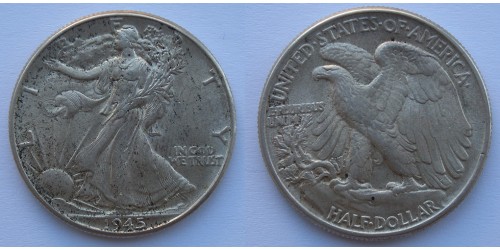 США. 1/2 доллара 1945 года. Серебро. 0,3617 oz. 0,900. 12,5 грамм.