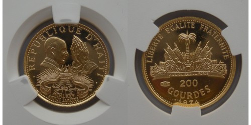 Гаити. 200 гурдов 1974 года. Золото. Тираж 660 шт. В слабе CPRC PF67 ULTRA CAMEO.