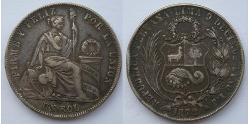 Республика Перу (1863 - 1917). 1 соль 1872 года. Серебро. Вес 25 грамм.