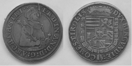 Австрия. Фердинанд II. Тироль. 1 талер 1564-95 г.г. Вес 27,90 грамм. Диаметр 40,0 мм.