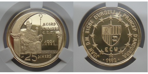 Андорра. 25 динеров 1991 года. Proof. Золото. Тираж 3000 шт. В слабе CPRC PF 67 ULTRA CAMEO.