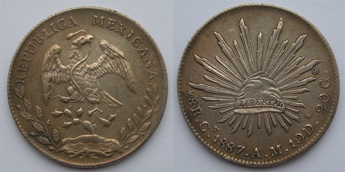 Мексика. 8 реалов 1887 года. Монетный двор Кульяка. Серебро. 27,30 грамм.