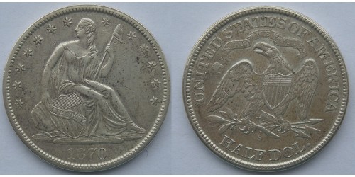 США. 1/2 доллара 1870s года. Серебро. 0,361 oz. 0,900. 12,44 грамм. "Сидящая свобода".