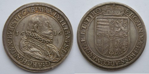 Священная Римская Империя. Тироль. г. Халль. Максимилиан III. 1 талер 1616 года. Серебро. 28,63 грамм.