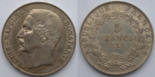 Франция. Император Наполеон III. 5 франков 1852 года. Серебро. Парижский монетный двор.