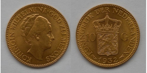 Нидерланды. Вильгельмина. 10 гульденов 1932 года. Золото. В идеальном состоянии.
