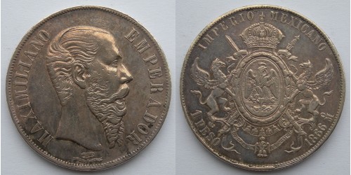 Мексика. Максимилиан I .1 песо 1866-Мо года. Серебро. 27,02 грамм.